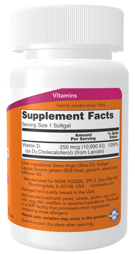 NOW Foods Vitamin D3 10,000IU Highest Potency, Structural Support, 30 Softgels