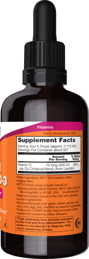 NOW Foods Vitamin D-3, 400 IU per 4 drops, Helps Maintain Strong Bones 2oz