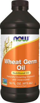 Bottle of NOW Wheat Germ Oil with label on a white background