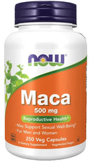 Supplement bottle labeled 'Maca 500 mg' with Now brand on a white background