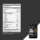 Supplement facts label and container of NutraRise Base Aminos on a dark background