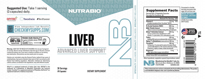 NutraBio Liver support overall liver health and vitality 30 servings label