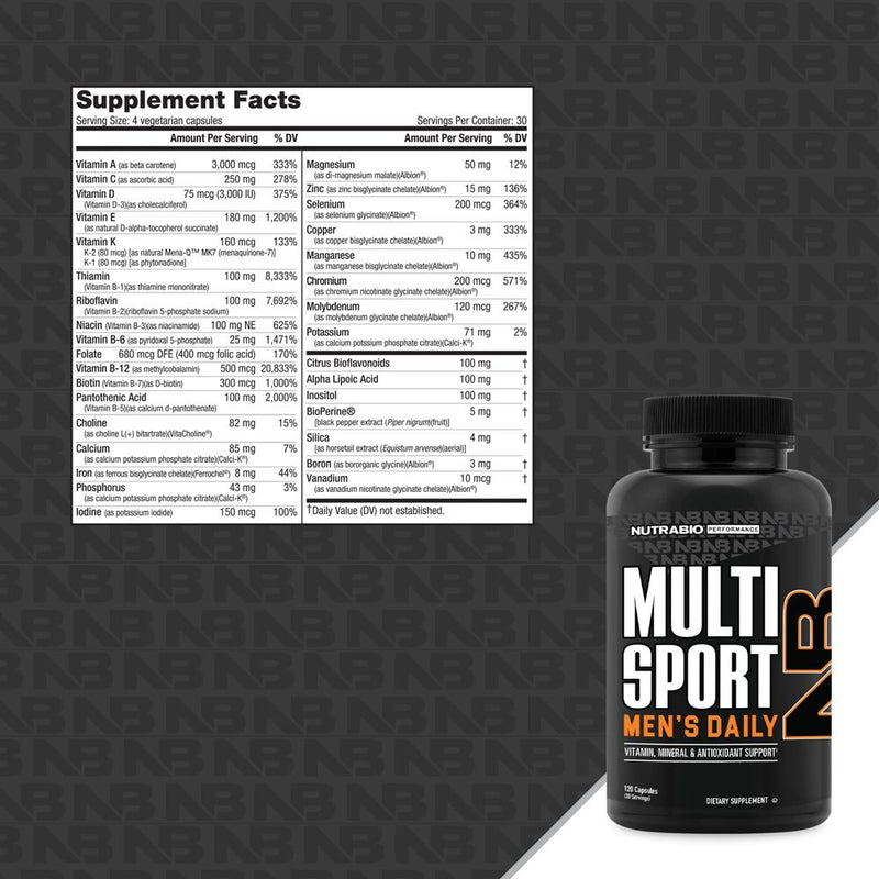 NutraBio Multi Sport Men's Daily Vitamin, Mineral & Antioxidant Support 120 Caps