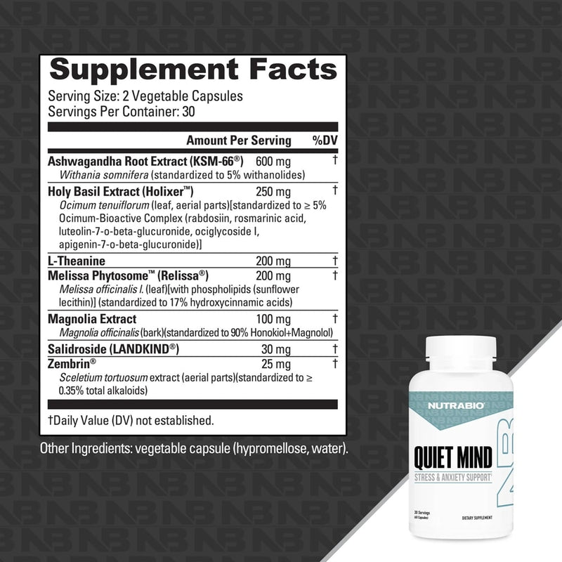 NutraBio Quiet Mind Support a calm,  reduce fatigue, improving overall emotional well-being 30 servings supplement facts