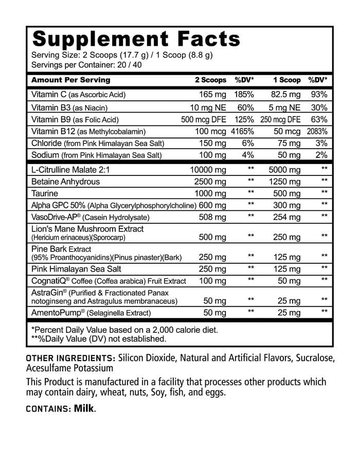 Supplement facts label with detailed nutritional information on a white background