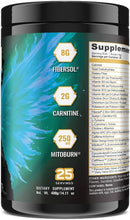 Supplement container with visible ingredients and nutritional information on a black background