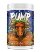 Supplement container with a bull graphic and 'Pump' branding on a white background