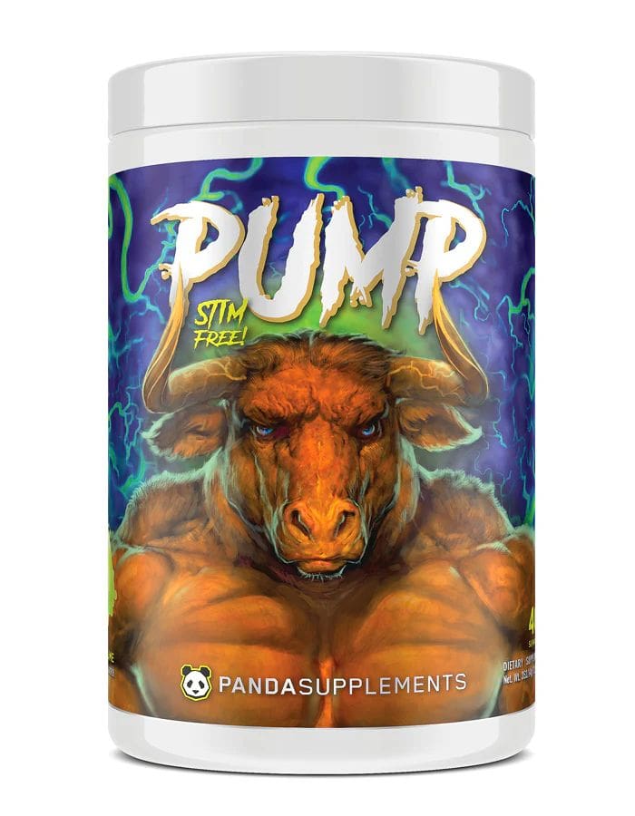 Supplement container with a bull graphic and 'Pump' branding on a white background