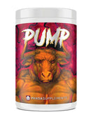 Supplement container with a bull illustration and 'Pump' text on a red background
