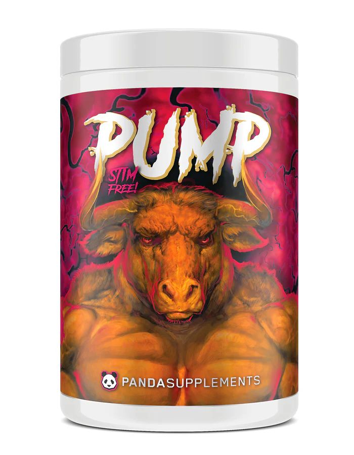 Supplement container with a bull illustration and 'Pump' text on a red background