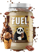 Fuel Premium Protein container with a panda design and chocolate elements on a white background