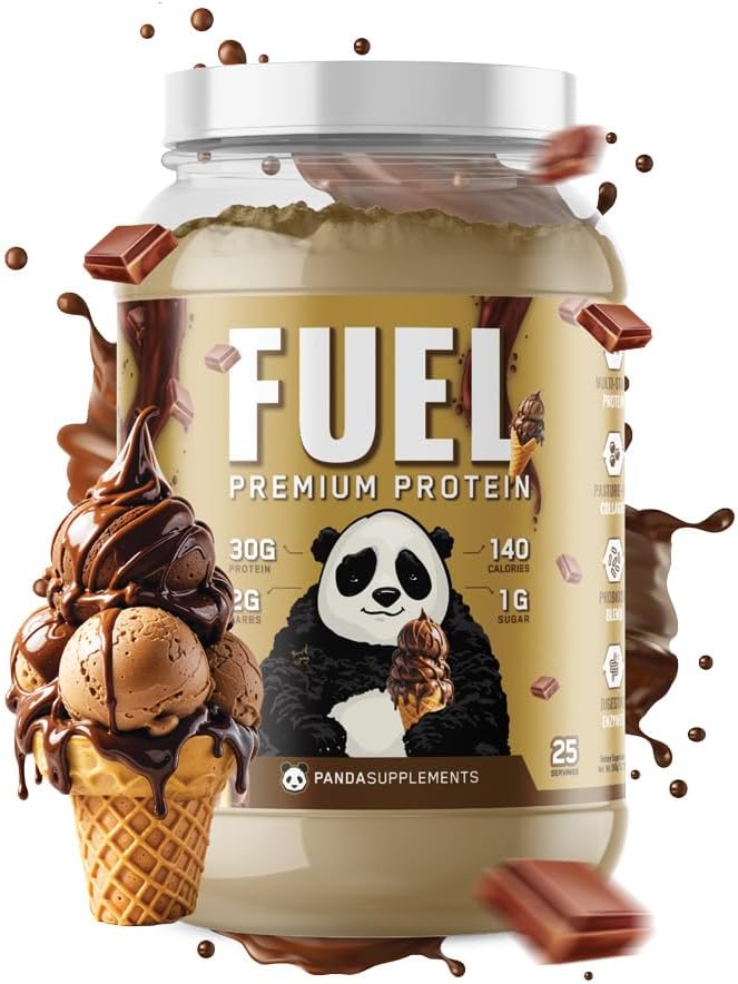 Fuel Premium Protein container with a panda design and chocolate elements on a white background