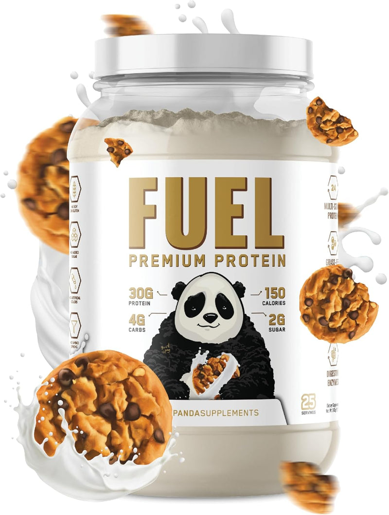 Fuel Premium Protein container with panda design and cookies on a white background