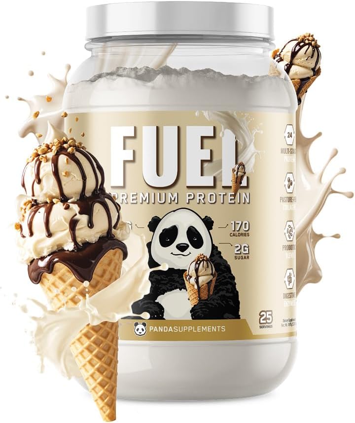 Protein powder container with a panda design and ice cream graphics on a white background