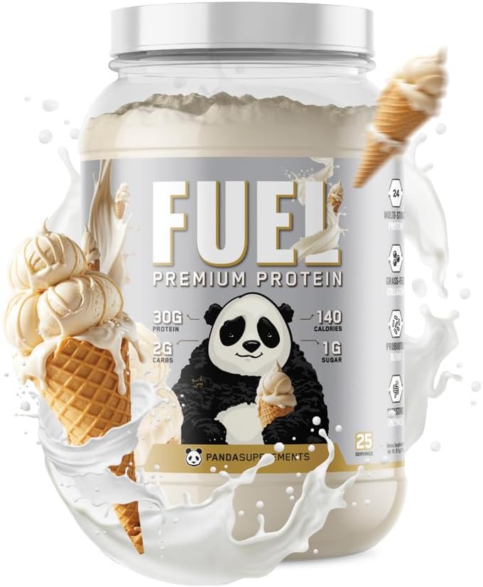 Fuel Premium Protein container with panda design and ice cream elements on a white background