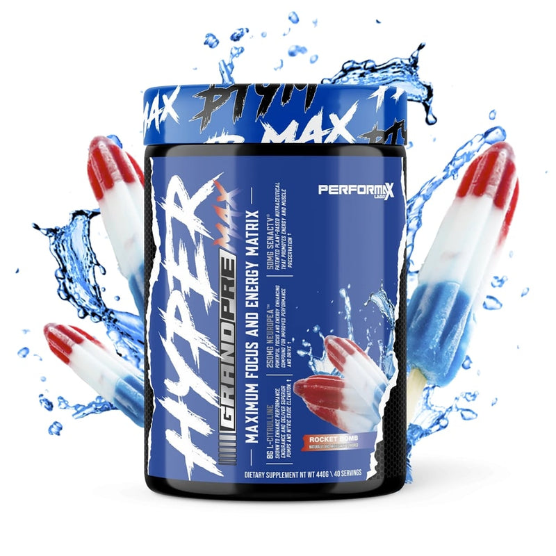 Performax Labs HyperMax Grand PRE PreWorkout, Intense Energy, High Stim Vasodilator, Endurance, Muscle Pumps, Focus & Mood 20-40 servings - Rocket pop Flavor