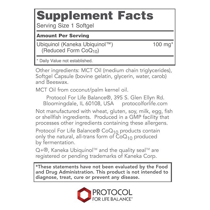 Protocol for Life Balance Ubiquinol 100mg Cardiovascular Support, Active Form of CoQ10 60 softgels