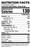 Nutrition facts label for a product with serving size and calorie count.
