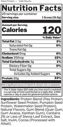 Nutrition facts label for a protein supplement scoop of Cafe Mocha flavor.