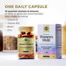 SOLGAR One Daily Women's Multi dietary supplement shown with an amber bottle of capsules and its white and blue packaging box, with text highlighting key ingredients like Vitamin D, Vitamin B12, Biotin, and Zinc.