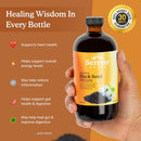 Bottle of Serene Herbs Black Seed Bitters held in a hand with product benefits listed on an orange background.