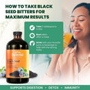 Serene Herbs Black Seed Bitters bottle with usage instructions and a woman drinking juice in the background.
