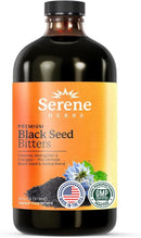 Bottle of Serene Herbs Black Seed Bitters on a white background