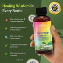 A hand holding a bottle of Serene Herbs Exotic Soursop Bitters against a dark green background with promotional text and a yellow '30 Days Money Back Guarantee' badge.