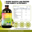 Serene Herbs Exotic Soursop Bitters herbal supplement bottle shown next to a Certificate of Analysis and three green badges indicating 100% Vegan, Non-GMO, and Third Party Lab Tested, with a headline stating 'EVERY BATCH LAB-TESTED FOR PURITY & POTENCY'.