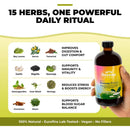 Bottle of Serene Herbs Soursop Bitters with herbs and benefits listed on a white background