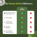 Comparison chart of Serene Herbs' product attributes with green and red indicators on a green background.