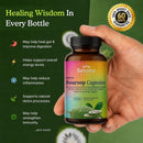 A hand holding a bottle of Serene Herbs Soursop Capsules against a dark green promotional background with text benefits and a gold 60-day money-back guarantee badge.