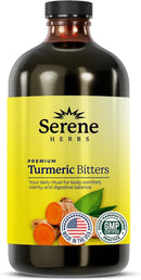 Bottle of Serene Herbs Premium Turmeric Bitters with a yellow label.