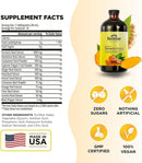 Serene Turmeric Bitters supplement facts label with a bottle of dark amber liquid, turmeric root, and ginger root illustrations, alongside a nutrition table and badges for zero sugars, nothing artificial, GMP certified, and 100% vegan.
