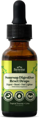 Serene Herbs Soursop Digestive Reset Drops in a 70 ml amber glass dropper bottle with a black cap and a green and white label.