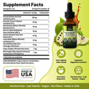 Sourspice Digestive Root Drops supplement facts and benefits graphic. The image features a bottle of the dark amber liquid with a black dropper cap, set against a bright green background with illustrations of green onions, garlic, and a splash of orange liquid.
