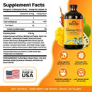 Serenade Herbs Soursop Bitters supplement facts panel with product bottle, orange splash background, fruit graphics, and feature icons.