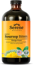 Bottle of Serene Herbs Soursop Bitters with a mango flavor label.