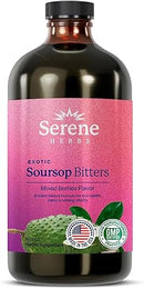 A bottle of Serene Herbs Exotic Soursop Bitters in mixed berries flavor, featuring a pink label with green soursop fruit graphics and certification seals, set against a plain white background.