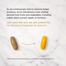 Two Solgar products on a marble surface with text about new coating derived from fruits and vegetables.