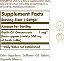 A supplement facts label for garlic oil concentrate softgel, showing serving size 1 softgel, 1 mg garlic oil concentrate, and other ingredients including safflower oil, gelatin, and vegetable glycerin. Includes gluten free and dairy free icons.
