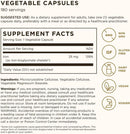 A supplement facts label for vegetable capsules with serving size 180 servings, listing iron content as 25 mg and 139% DV. The label includes icons indicating GMO, Non-GMO, Gluten Free, Dairy Free, Vegan, and Kosher, on a black background.