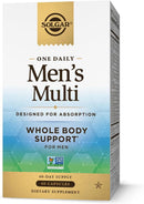 Solgar Men's Multi dietary supplement box, featuring a white and blue gradient front with a gold logo banner and a green geometric pattern near the bottom.