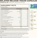 Front and back of a supplement facts label for Delayed-Release Vegan Capsules, showing supplement facts, serving size, nutrition panel, and certification logos including NonG0M Project Verified, Gluten Free, Dairy Free, Vegan, and Kosher.