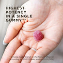 Pink gummy on a hand with text about potency and SPINS data.