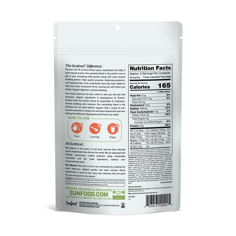 Sunfood Organic Supergreens 
 Protein New Plant Based Protein Blend Pea Hemp Almond Pumpkin 19 Green Superfoods Enzymes Probiotics 8oz Supplement Facts