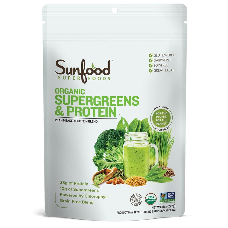 Sunfood Organic Supergreens 
 Protein New Plant Based Protein Blend Pea Hemp Almond Pumpkin 19 Green Superfoods Enzymes Probiotics 8oz bag