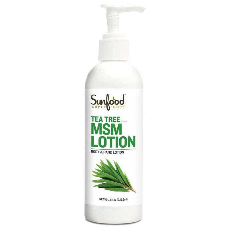 Sunfood Tea Tree MSM Lotion help renew dry, rough skin, leaving it feeling soft and supple 8oz