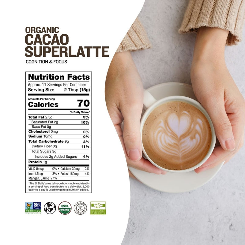 Sunfood Cacao Superlatte Cognition Focus 6oz front of package supplement Facts