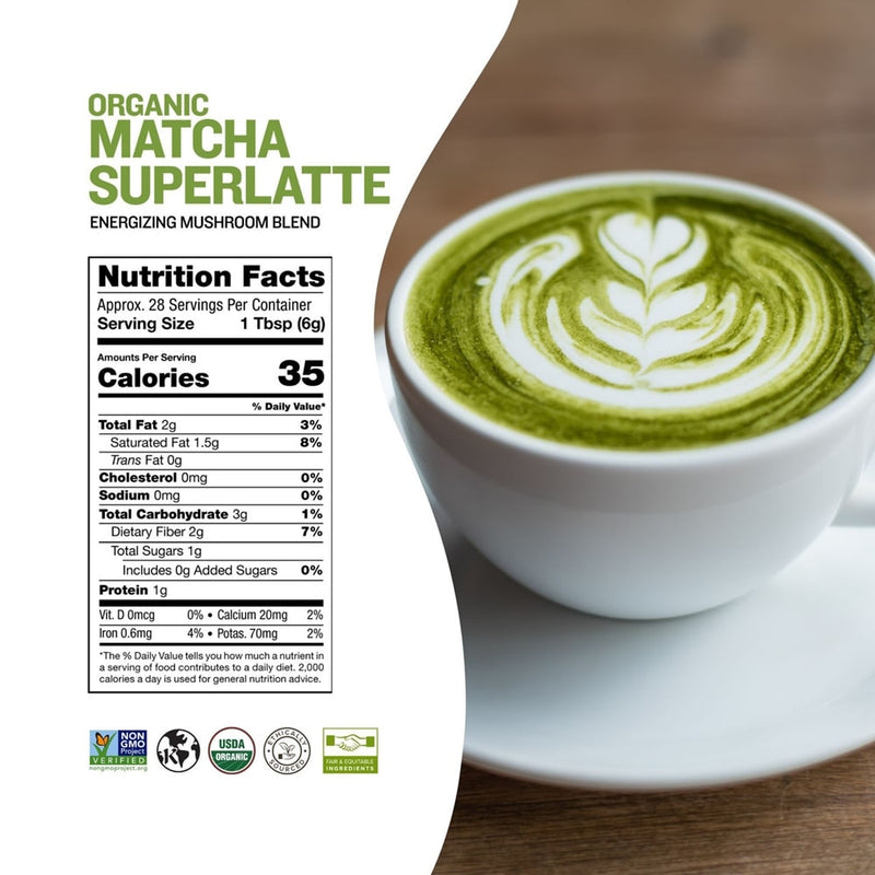 Sunfood Organic Matcha Superlatte Energizing Mushroom Blend 6oz back of package Supplement facts
